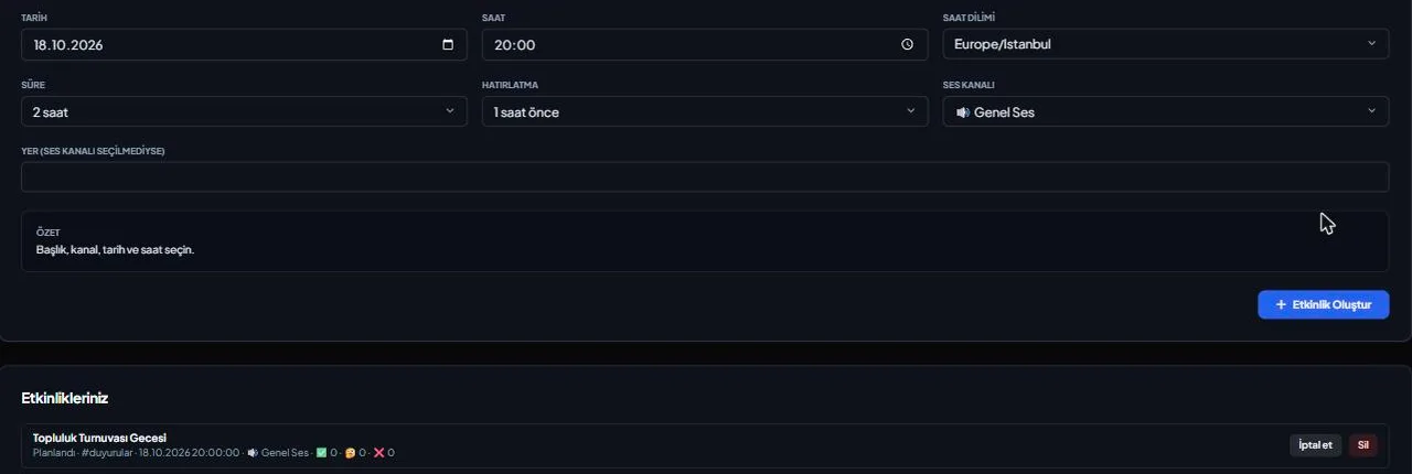 Discord Events settings in the VeyroBot dashboard