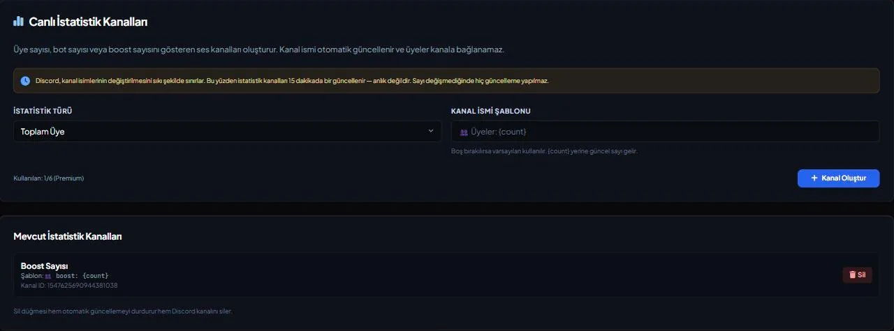 Discord Live Stat Channels settings in the VeyroBot dashboard