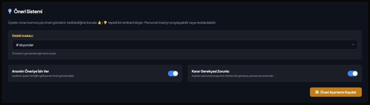 Discord Suggestion System settings in the VeyroBot dashboard