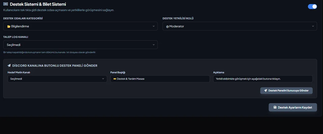 Discord Support Ticket System settings in the VeyroBot dashboard