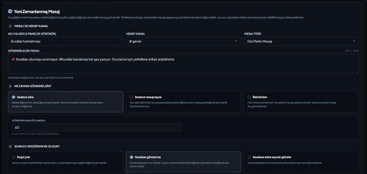 Ajustes de Mensajes programados y recordatorios para Discord en el panel de VeyroBot