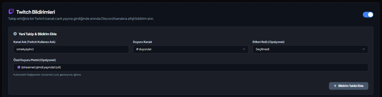 Discord Twitch Live Notifications settings in the VeyroBot dashboard