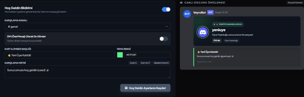 Discord Willkommensbot-Einstellungen im VeyroBot-Dashboard