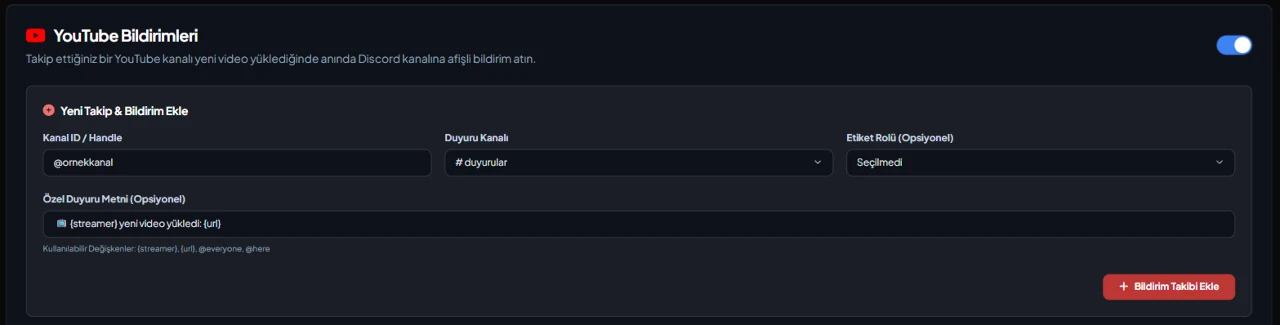 VeyroBot yönetim panelinde Discord YouTube Bildirimleri ayarları