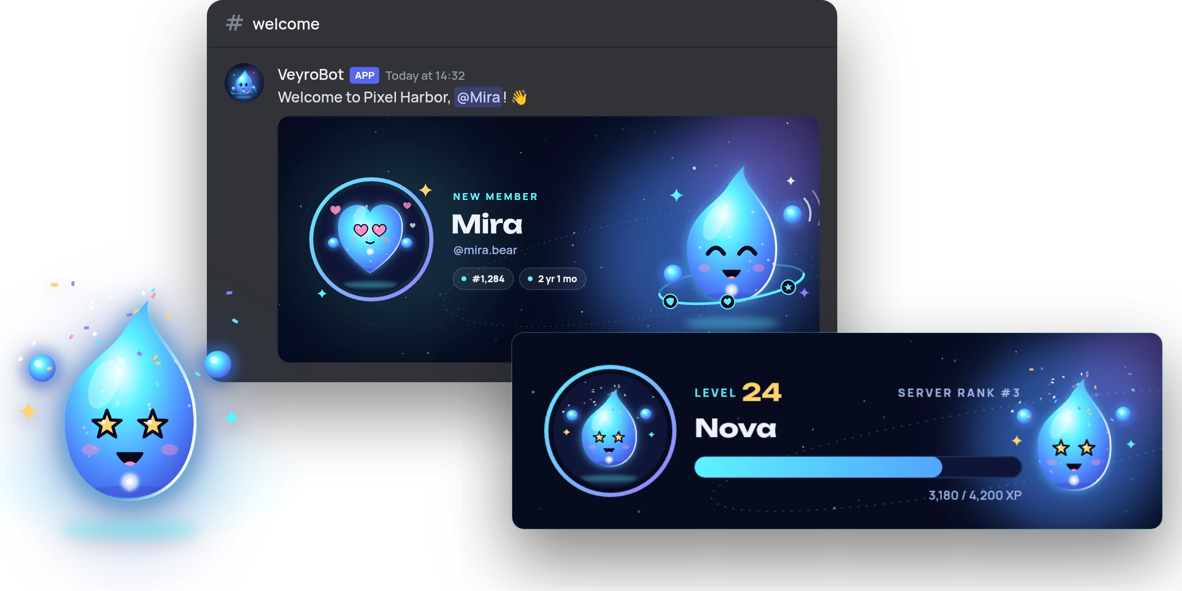 Welcome card in the welcome channel and a rank card
