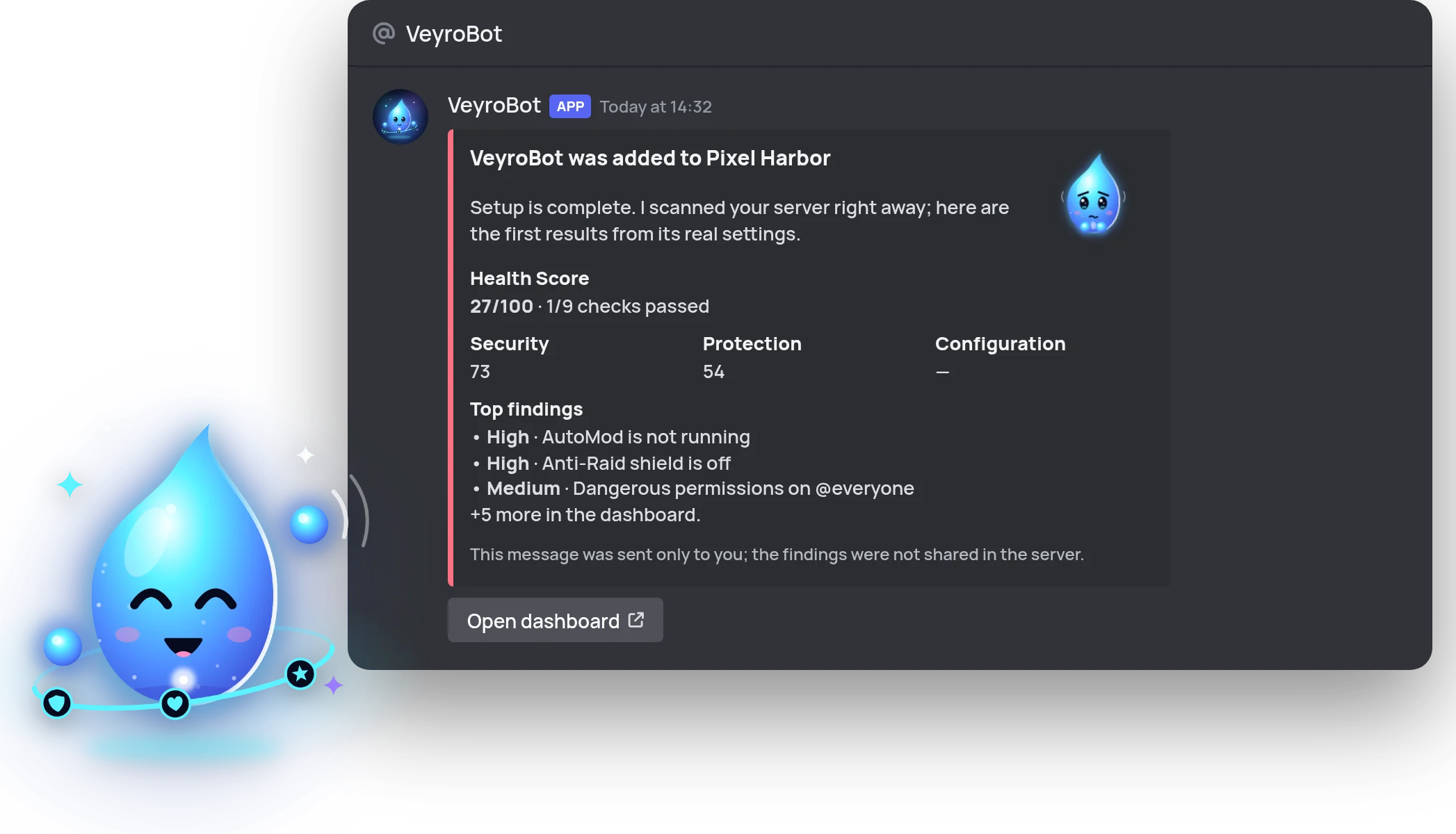 Direct message from VeyroBot with the first health report