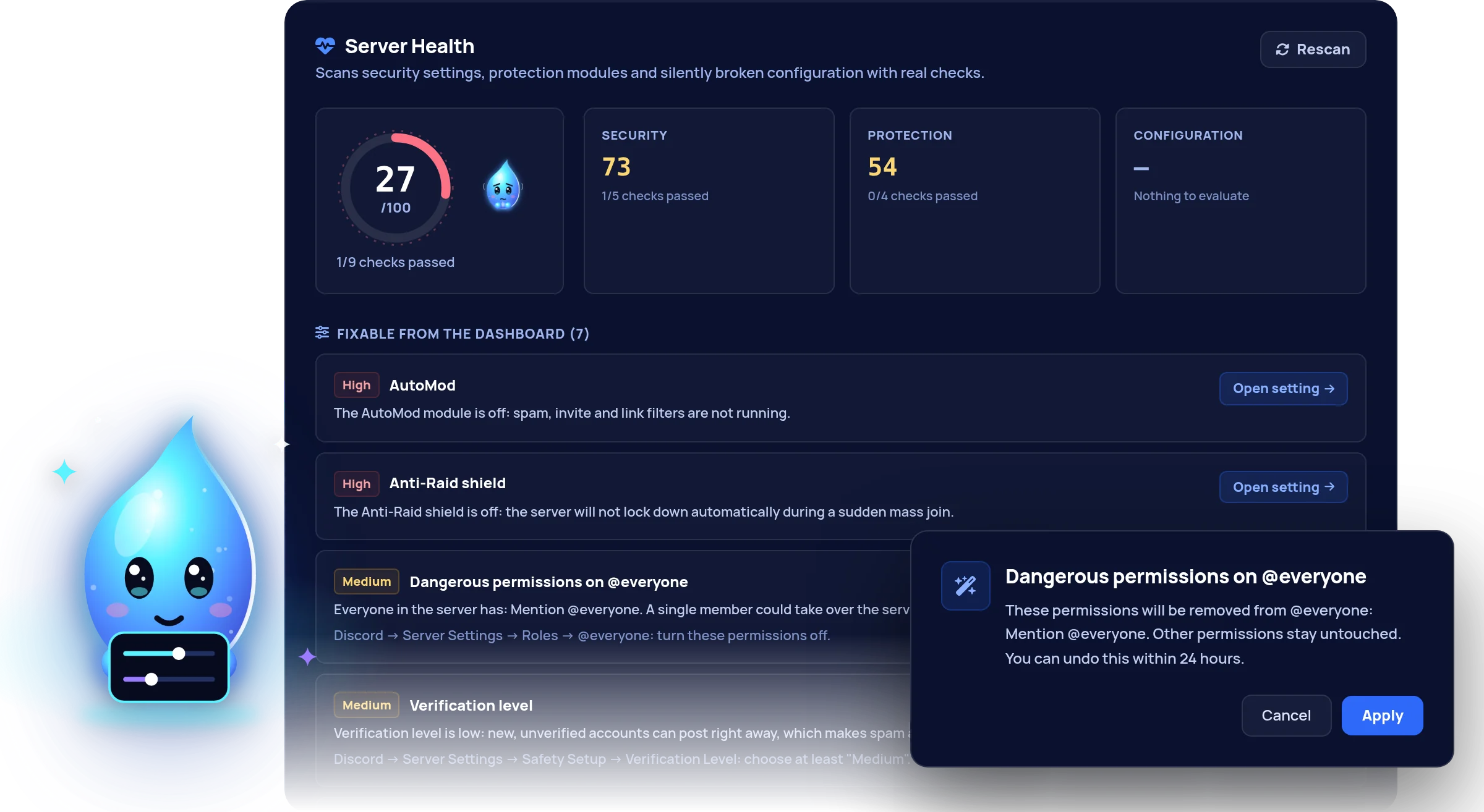 Server Health card with score, findings and a one-click fix confirmation