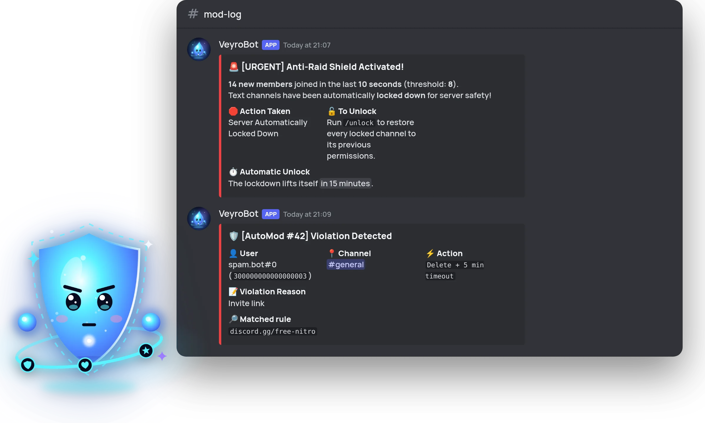 Anti-Raid alert and AutoMod violation in the mod-log channel