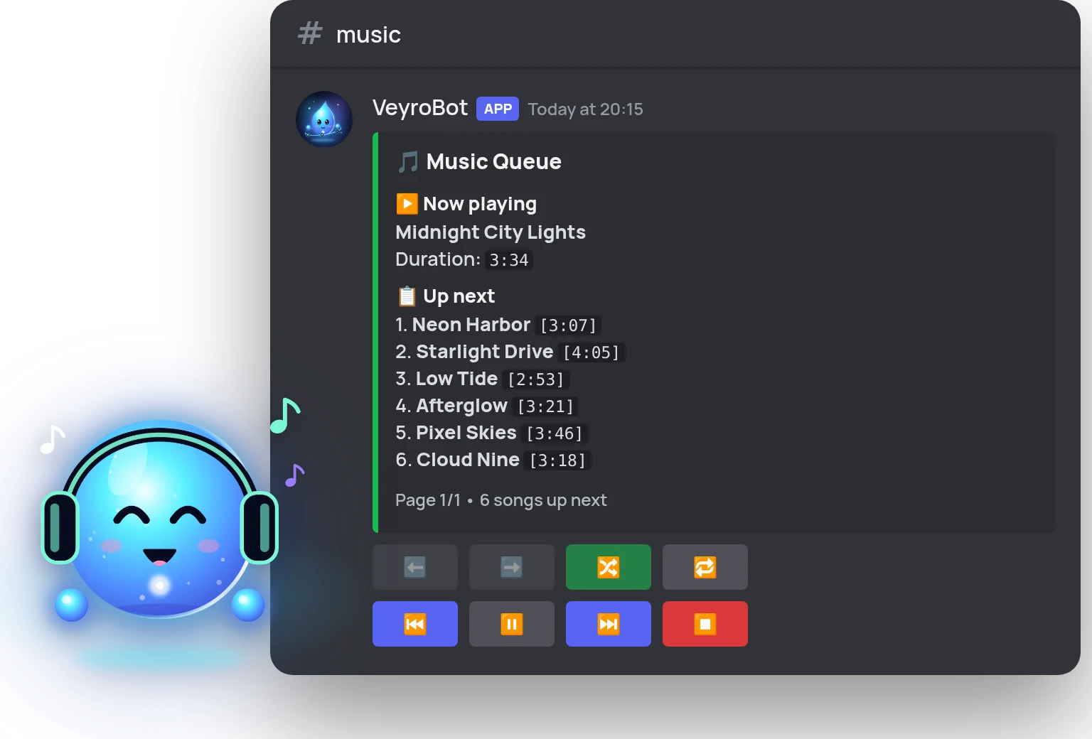 Music queue panel with playback buttons