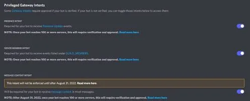 Privileged Gateway Intents section in Discord Developer Portal: Presence Intent, Server Members Intent, and Message Content Intent toggles are enabled.